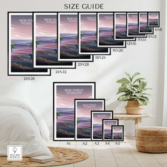 New Forest National Park poster size guide with various framed and unframed options for stylish wall art.