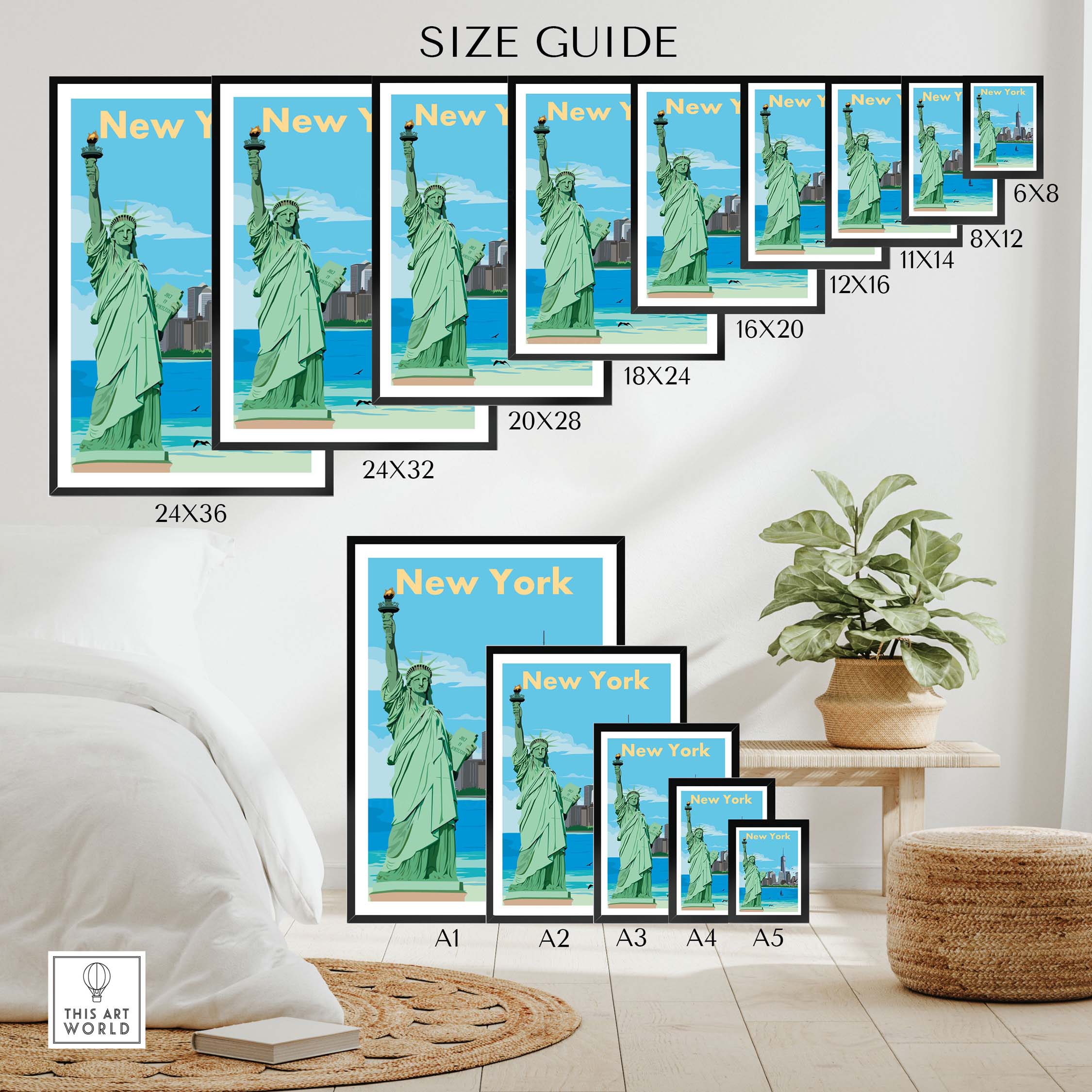New York vintage travel poster size guide showcasing various print sizes featuring the Statue of Liberty.
