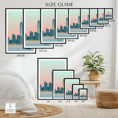 New York City print size guide showcasing various frame sizes for wall art posters in a stylish living space.