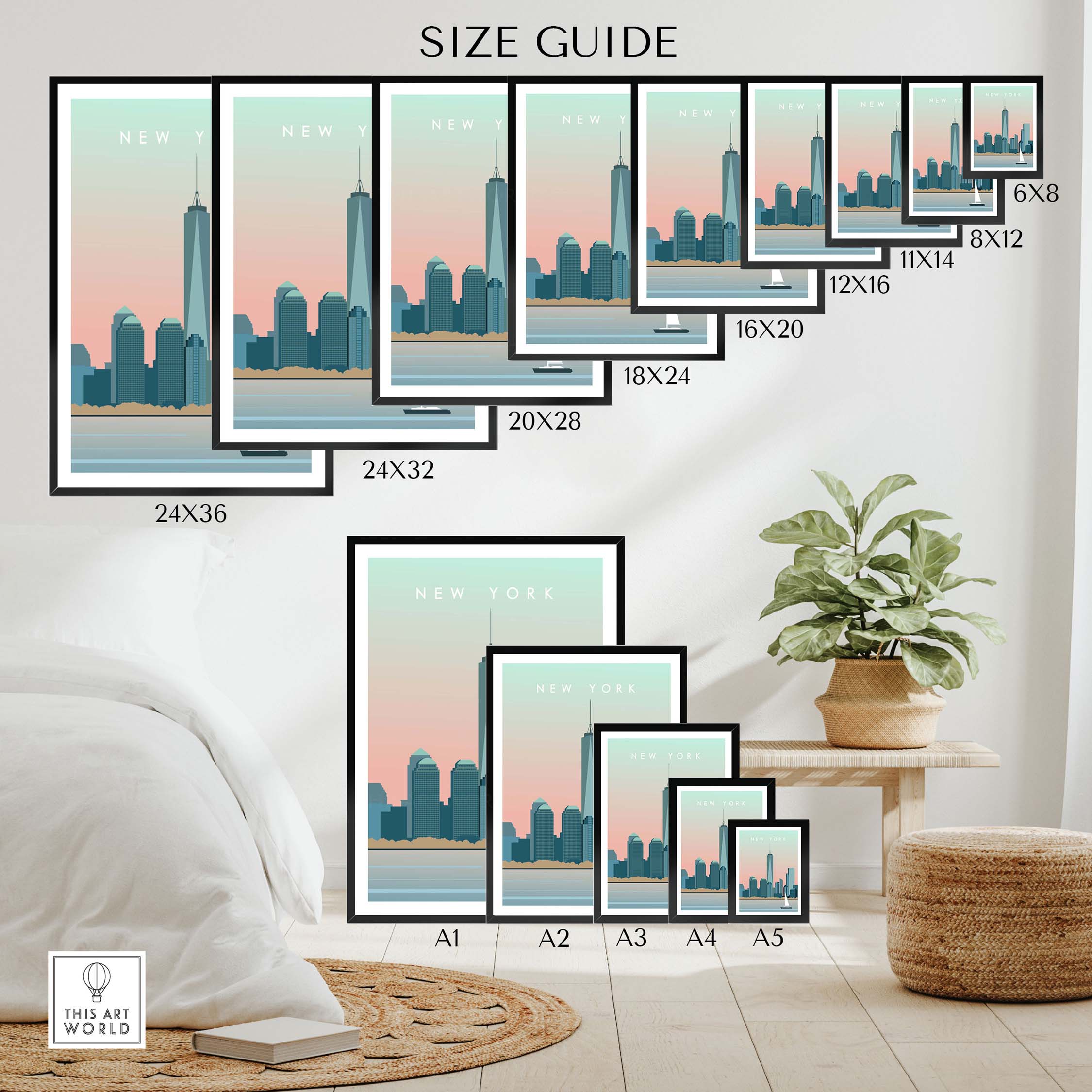 New York City print size guide showcasing various frame sizes for wall art posters in a stylish living space.