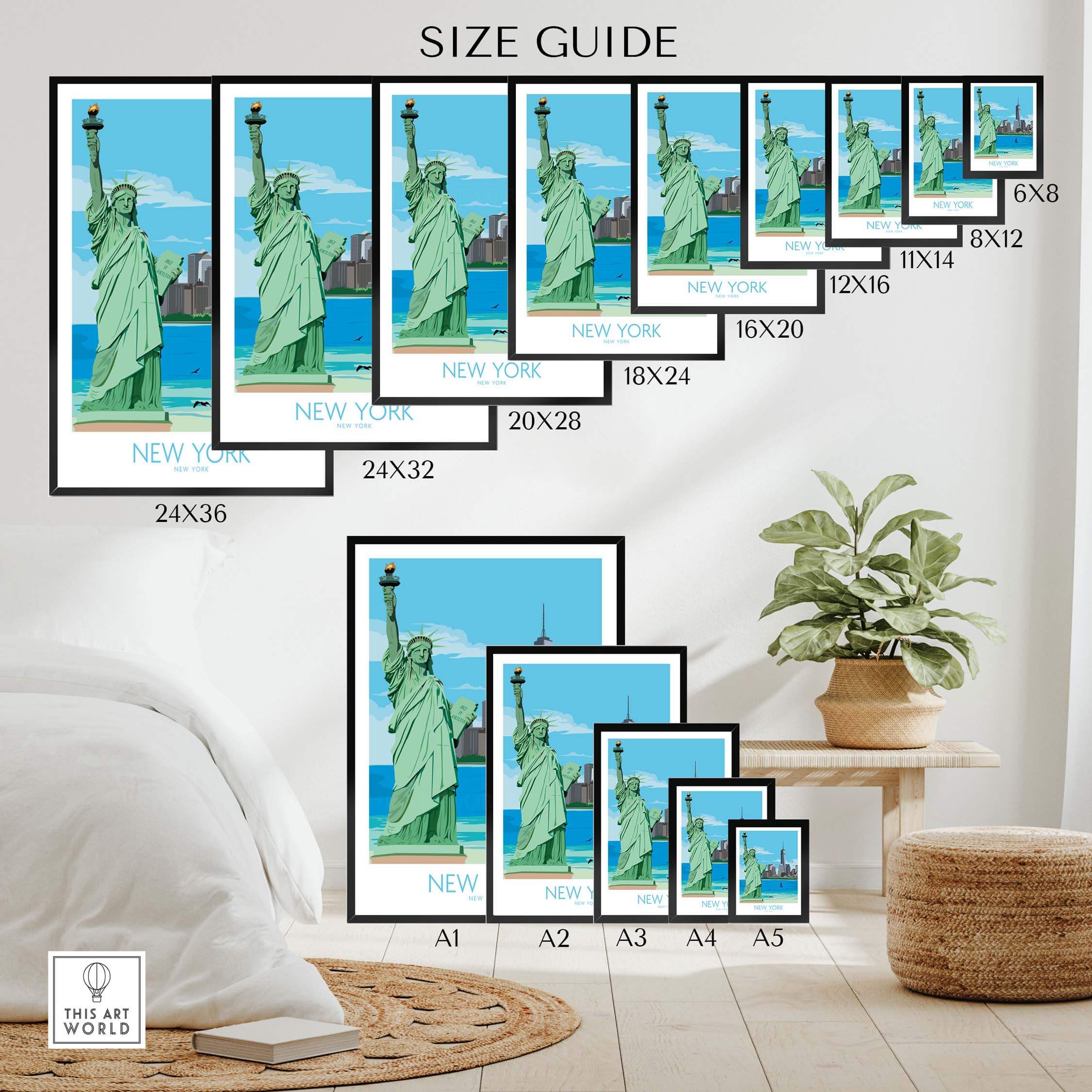 New York City poster size guide showcasing various print dimensions featuring the Statue of Liberty.