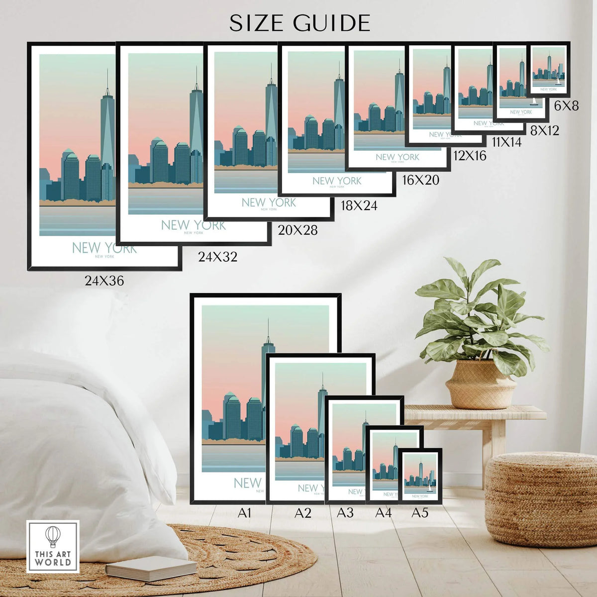 Size guide for New York Print Poster displaying various frame sizes against a modern home interior.