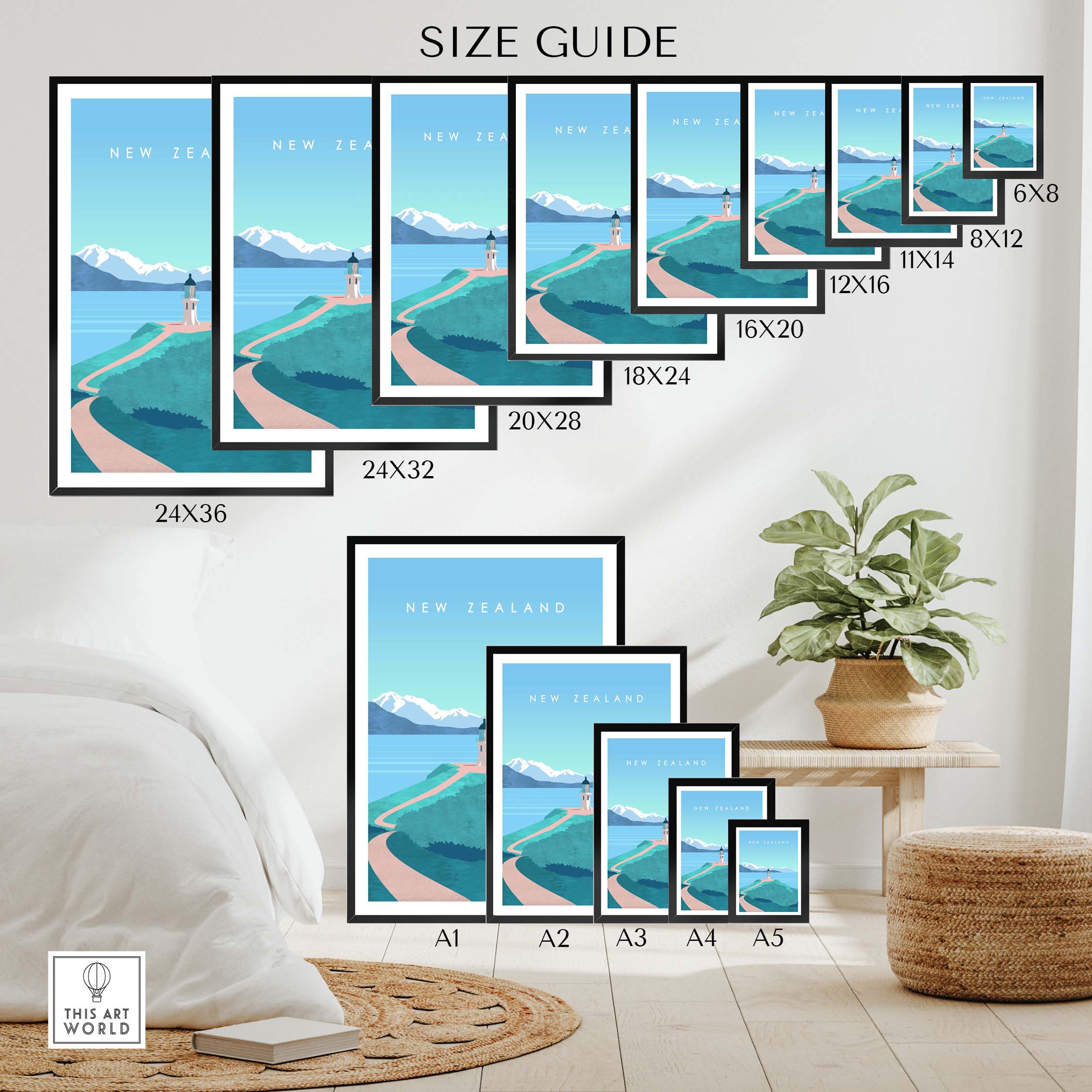 New Zealand Print Wall Art Poster size guide showing various frame sizes in a stylish home setting.