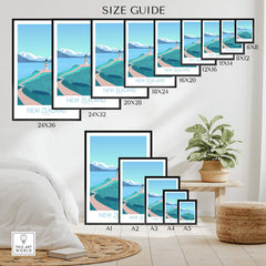 Size guide for New Zealand Print Travel Poster with various frame sizes on display in a stylish home setting.