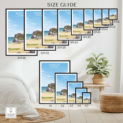 Size guide showing various frame sizes for the Newquay Print Cornwall Poster in a stylish home setting.