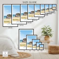 Size guide for Newquay Cornwall travel poster prints in various dimensions displayed in a stylish room setting.