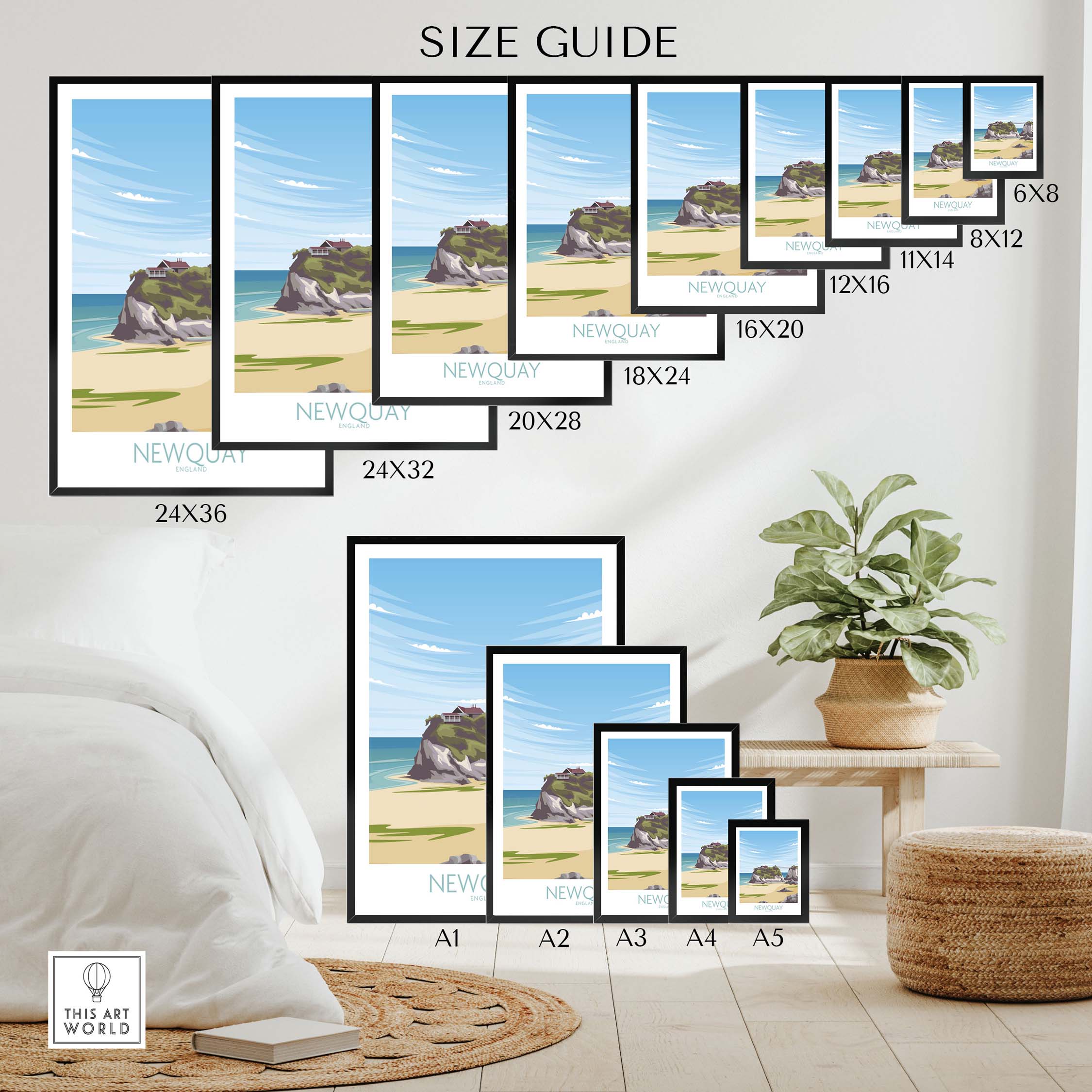 Size guide for Newquay Cornwall travel poster prints in various dimensions displayed in a stylish room setting.