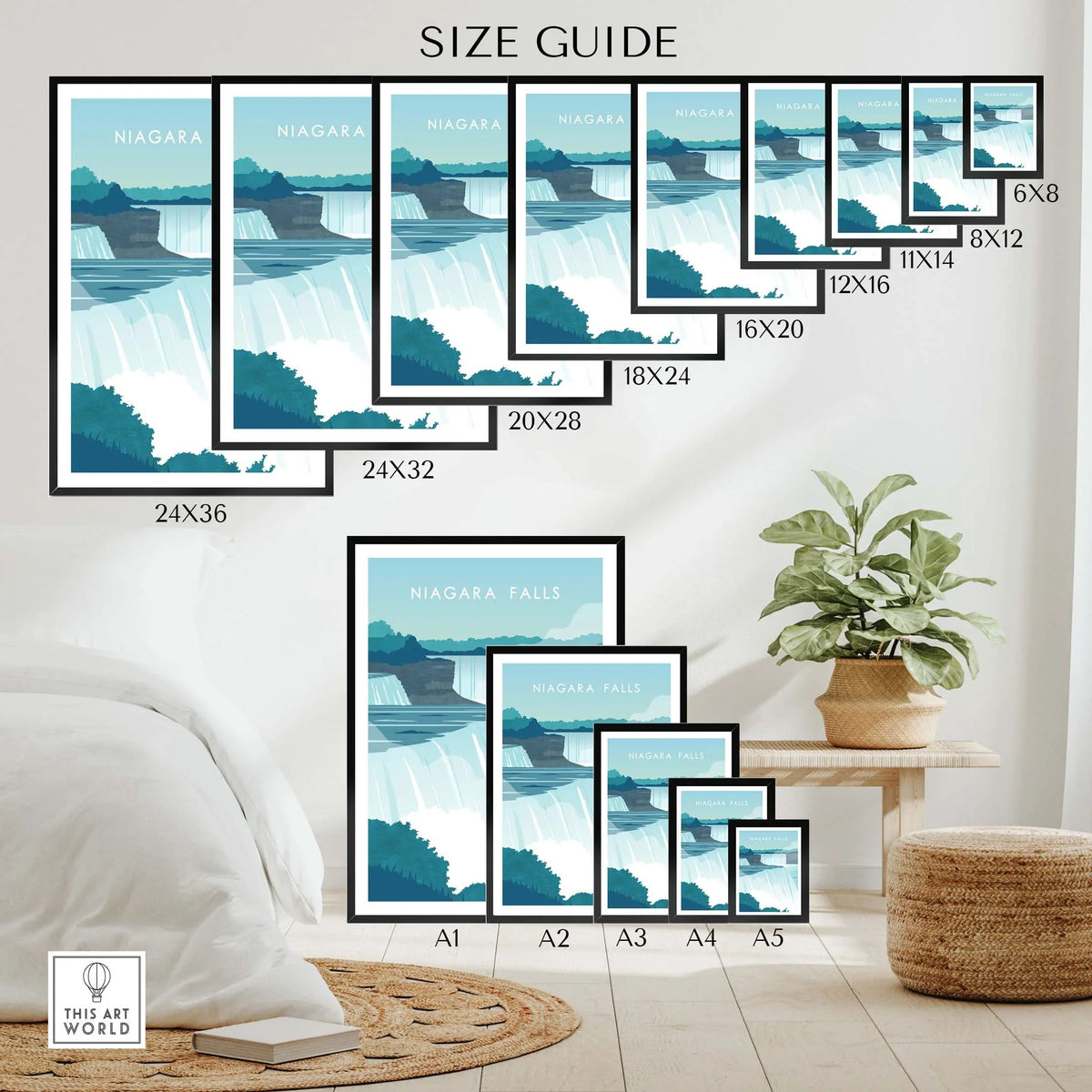 Size guide for Niagara Falls Print Wall Art Poster showcasing various frame dimensions for home decor.