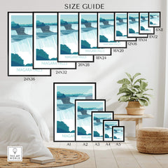 Size guide for Niagara Falls Print Wall Art showing various frame sizes and styles for wall display.