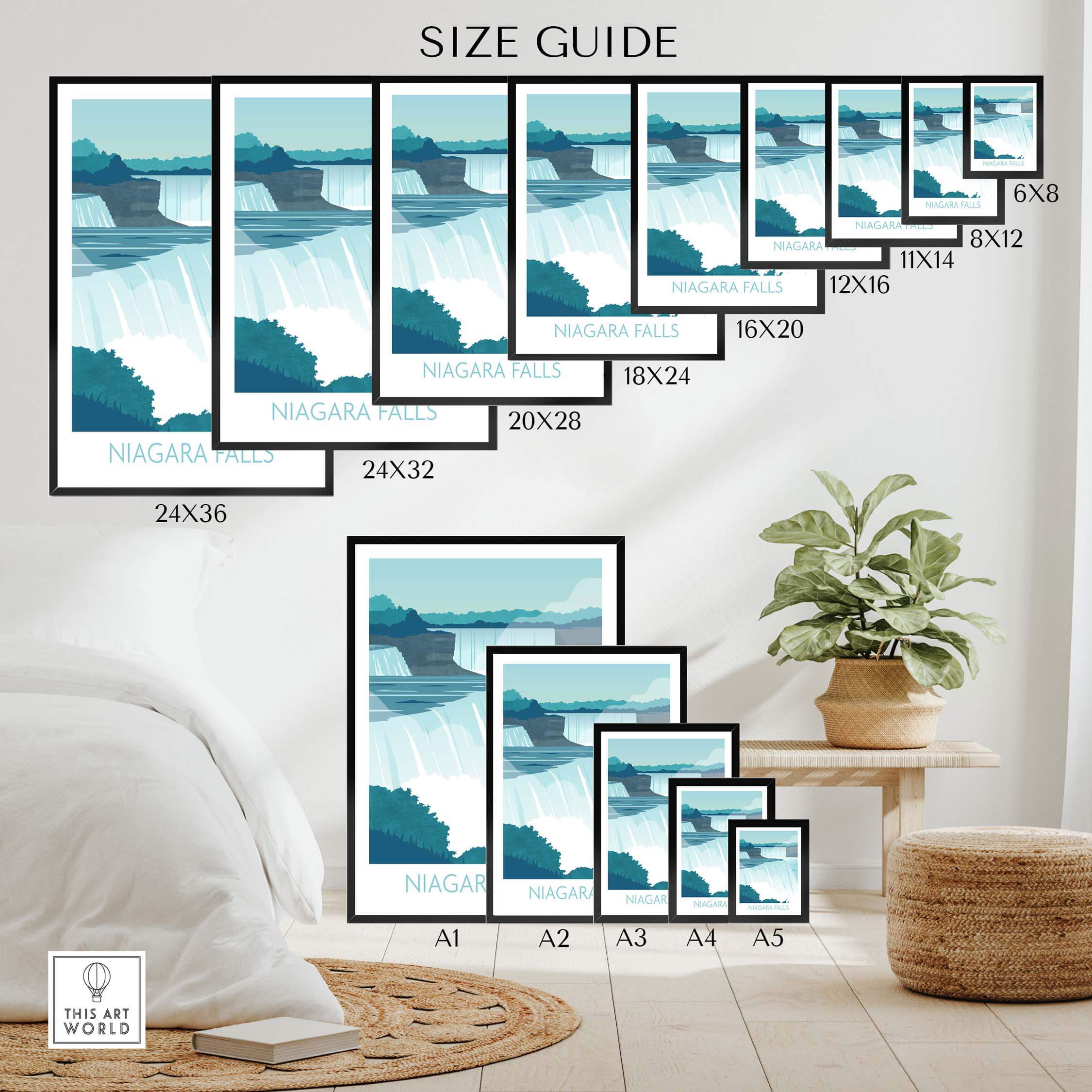 Size guide for Niagara Falls Print Wall Art showing various frame sizes and styles for wall display.