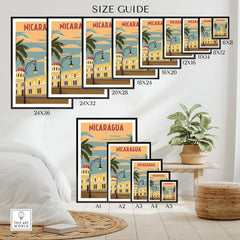 Size guide for Nicaragua Poster showcasing various frame sizes and styles for stylish wall art.