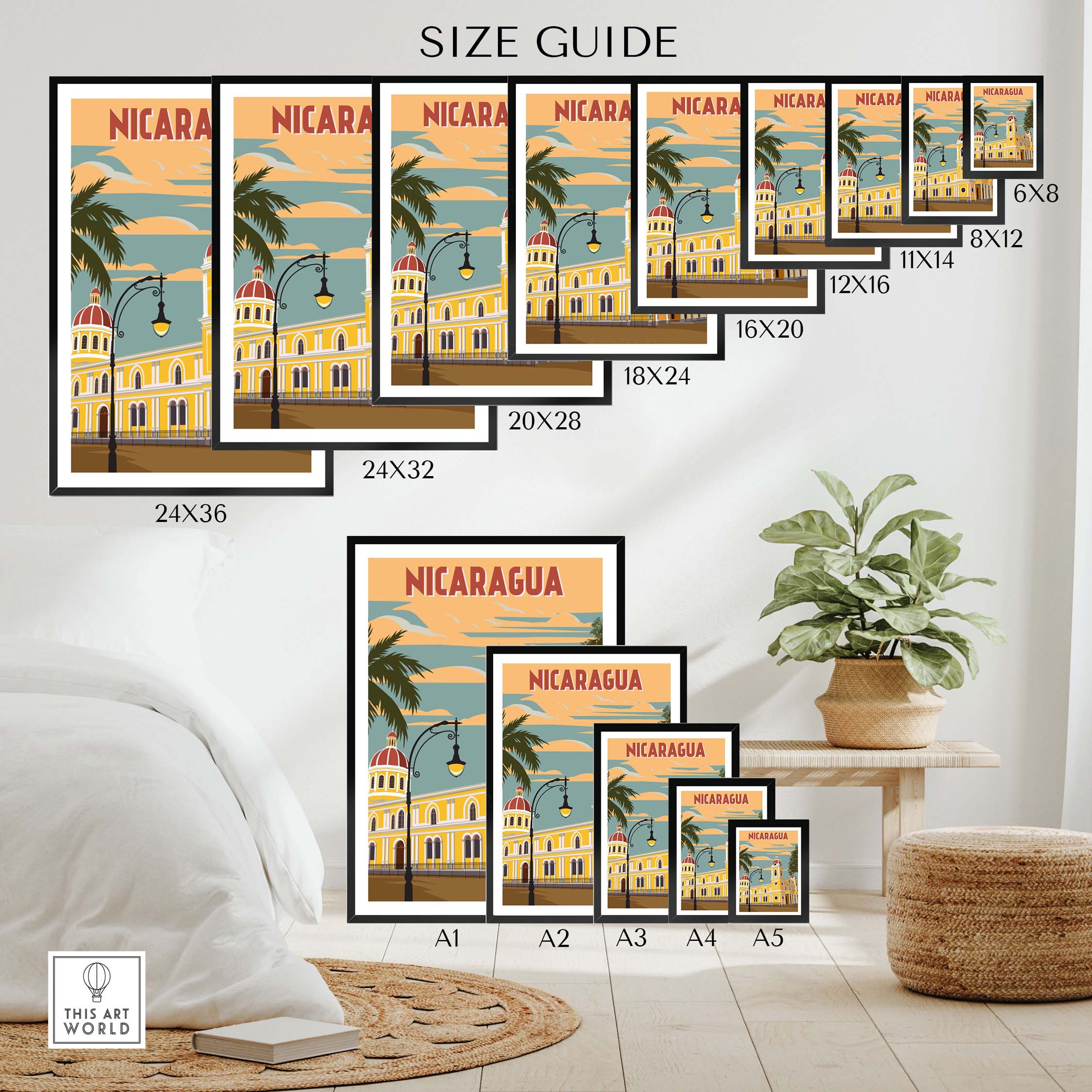 Size guide for Nicaragua Poster showcasing various frame sizes and styles for stylish wall art.