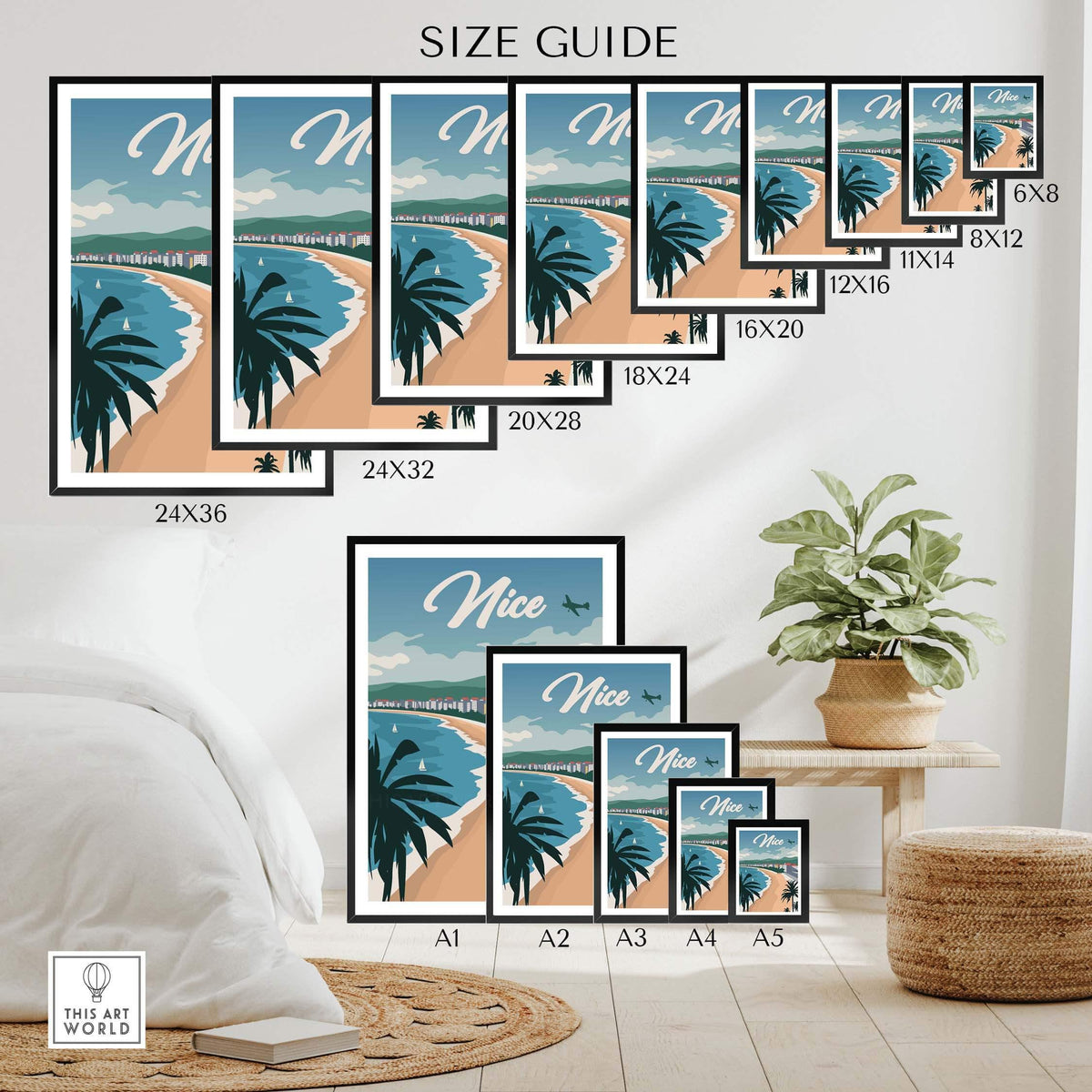 Size guide for Nice France poster wall art print showcasing various framed and unframed sizes.