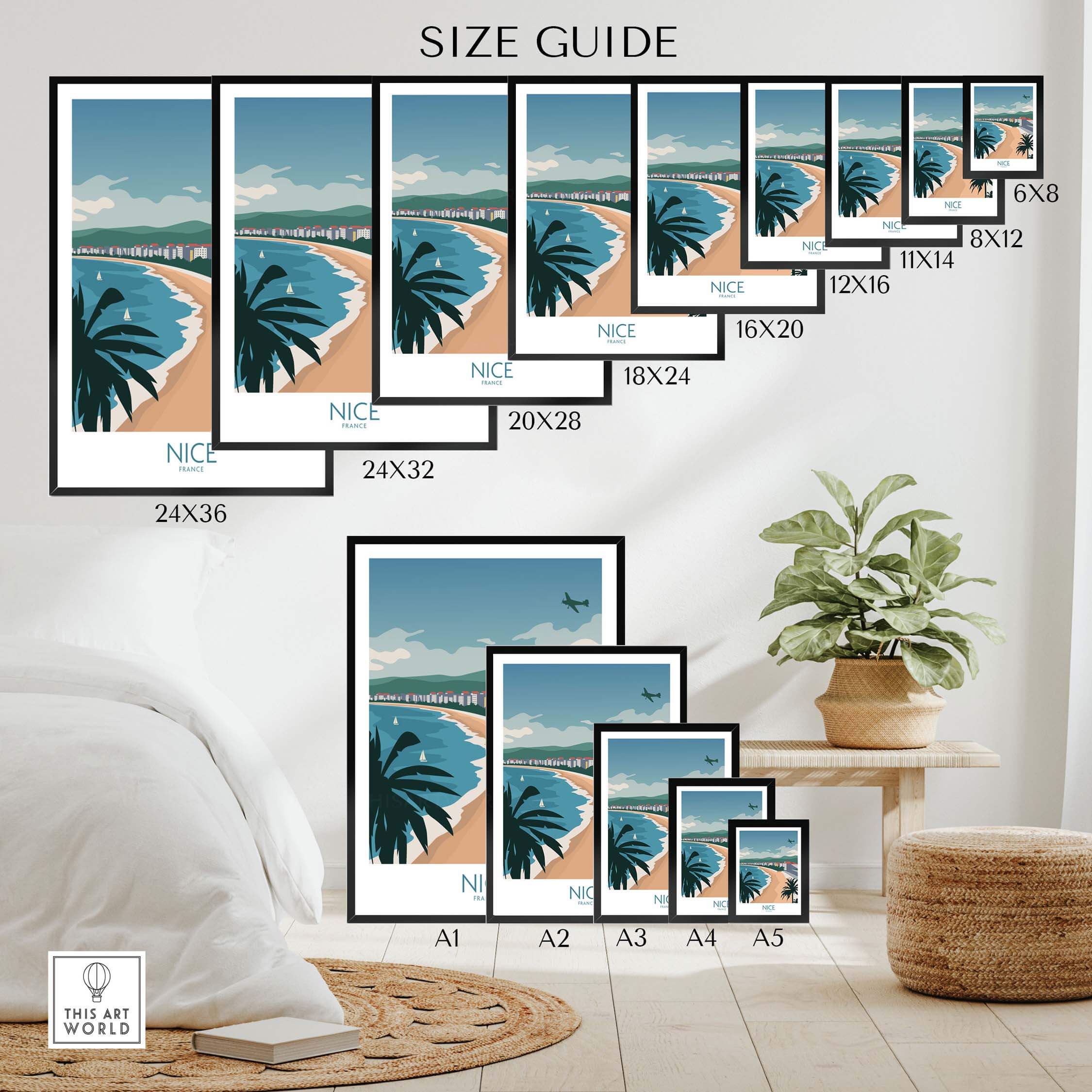 Size guide for Nice France travel poster showing various frame sizes and a coastal design.