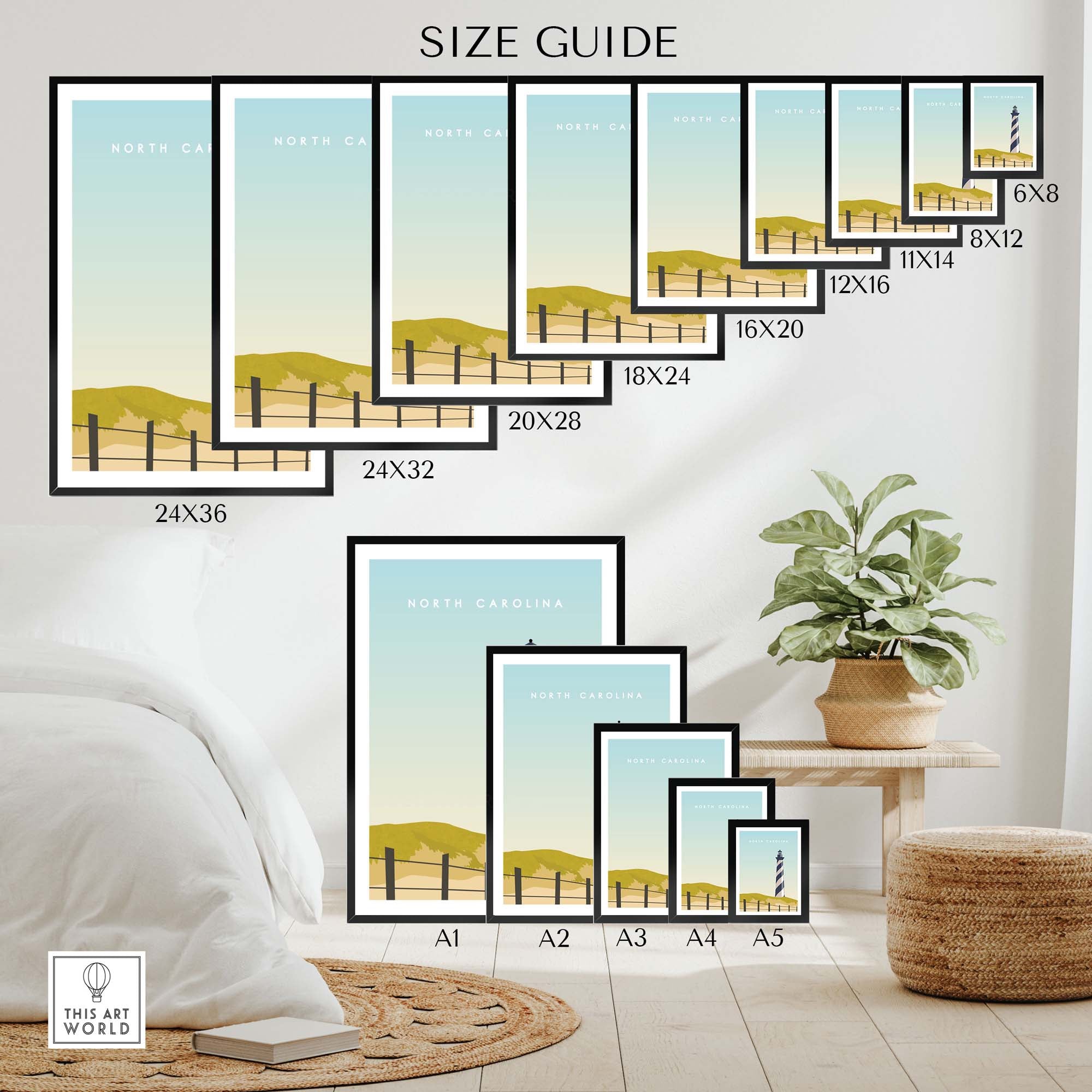 Size guide for North Carolina Travel Poster Print, showcasing various frame sizes for home decor options.