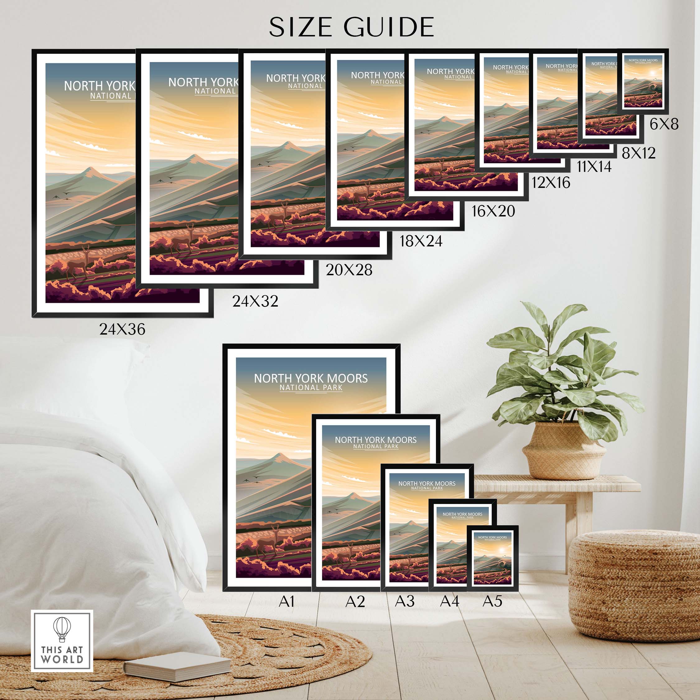Size guide showcasing North York Moors poster prints in various sizes for home decor.