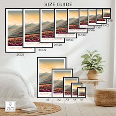 Size guide for North York Moors Print showcasing framed options and dimensions for wall art display.