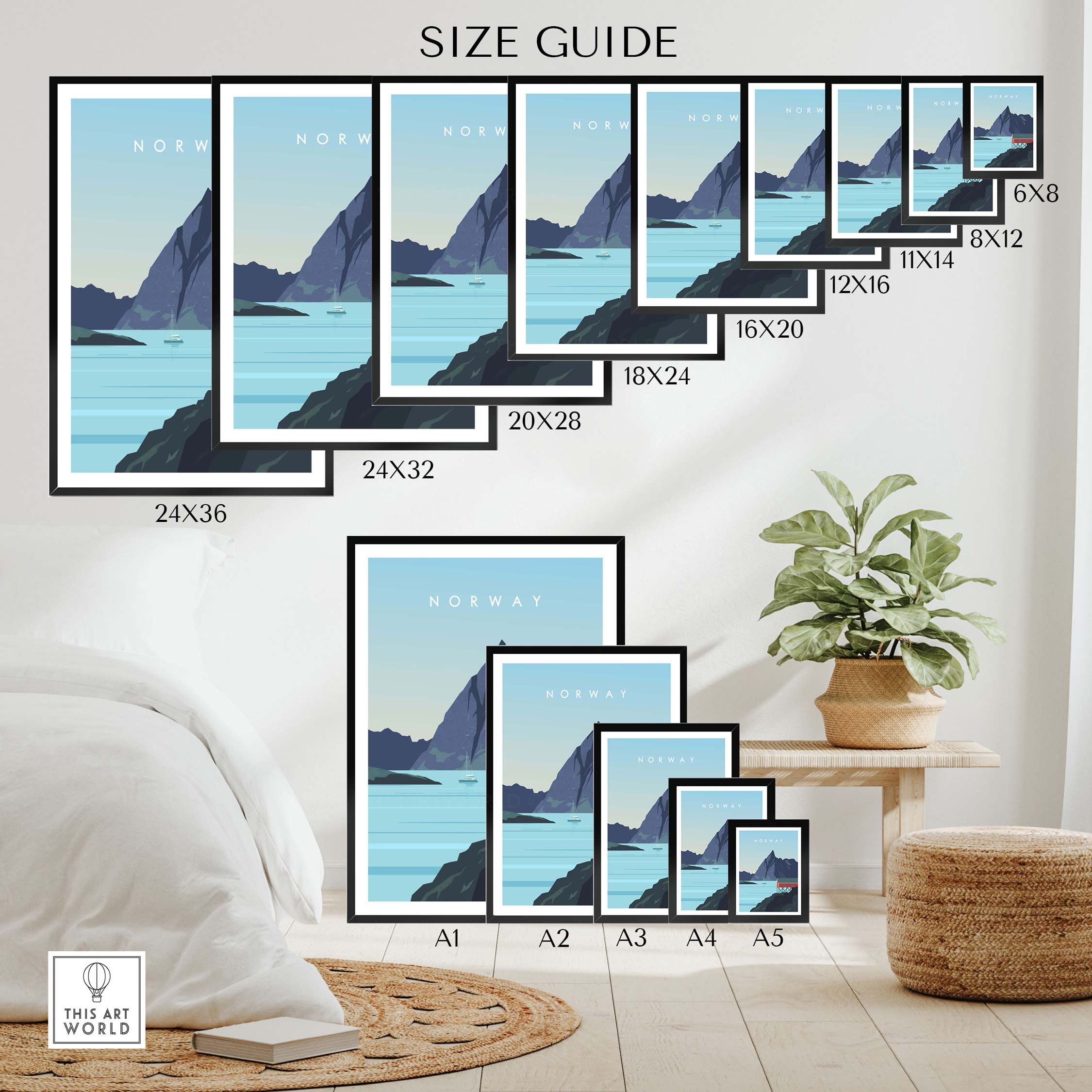 Norway print wall art size guide showcasing various frame sizes in a stylish home setting.