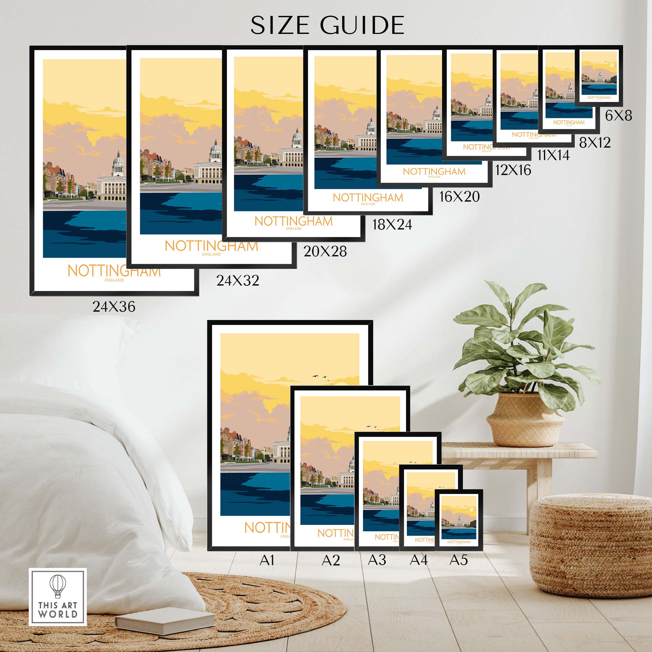 Nottingham Poster Print size guide displaying various frame sizes and designs for stylish wall art.