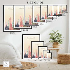 Size guide for Oakland Skyline Wall Art Prints in various frame sizes, displayed in a modern living room setting.