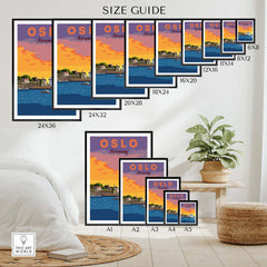 Size guide for Oslo Print Norway featuring various frame sizes and designs for stylish wall art.
