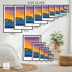 Size guide for Oslo Poster Norway displaying various frame sizes and colorful artwork options.