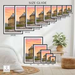 Oxford Print Poster Wall Art size guide showcasing various framed and unframed sizes in a stylish home setting.