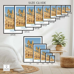 Size guide for Oxford Wall Art Print showcasing different frame sizes and styles in a stylish home setting.