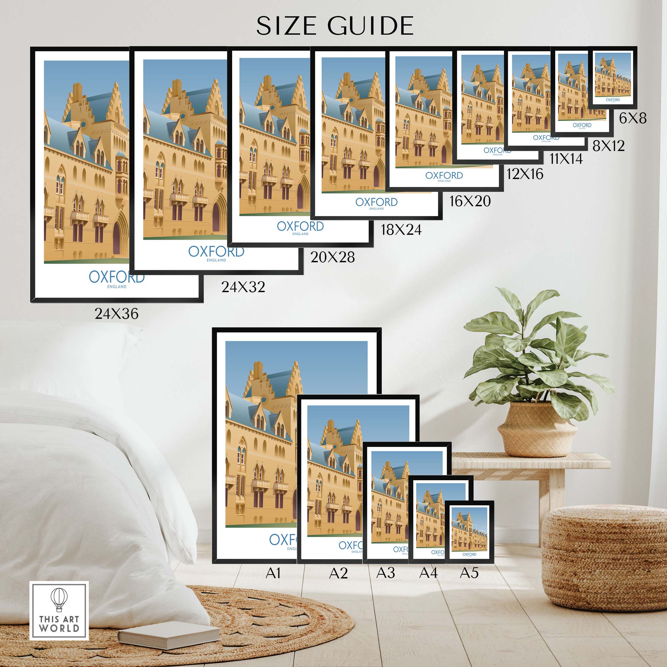 Size guide for Oxford Wall Art Print showcasing different frame sizes and styles in a stylish home setting.