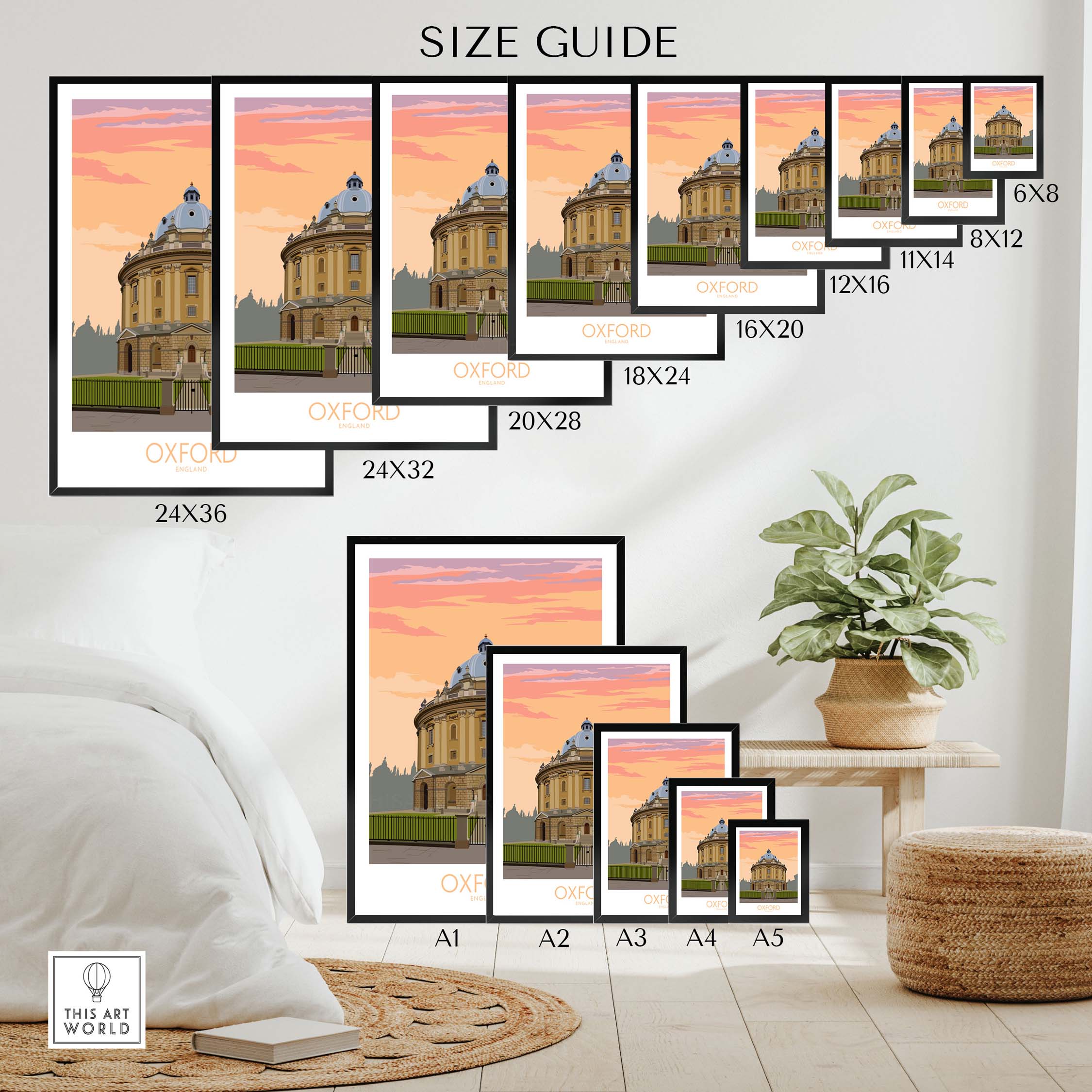 Oxford Travel Poster size guide showcasing various frame sizes for stylish wall art.