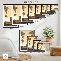 Size guide for Palm Beach Florida Print showcasing various dimensions for framed or unframed options.