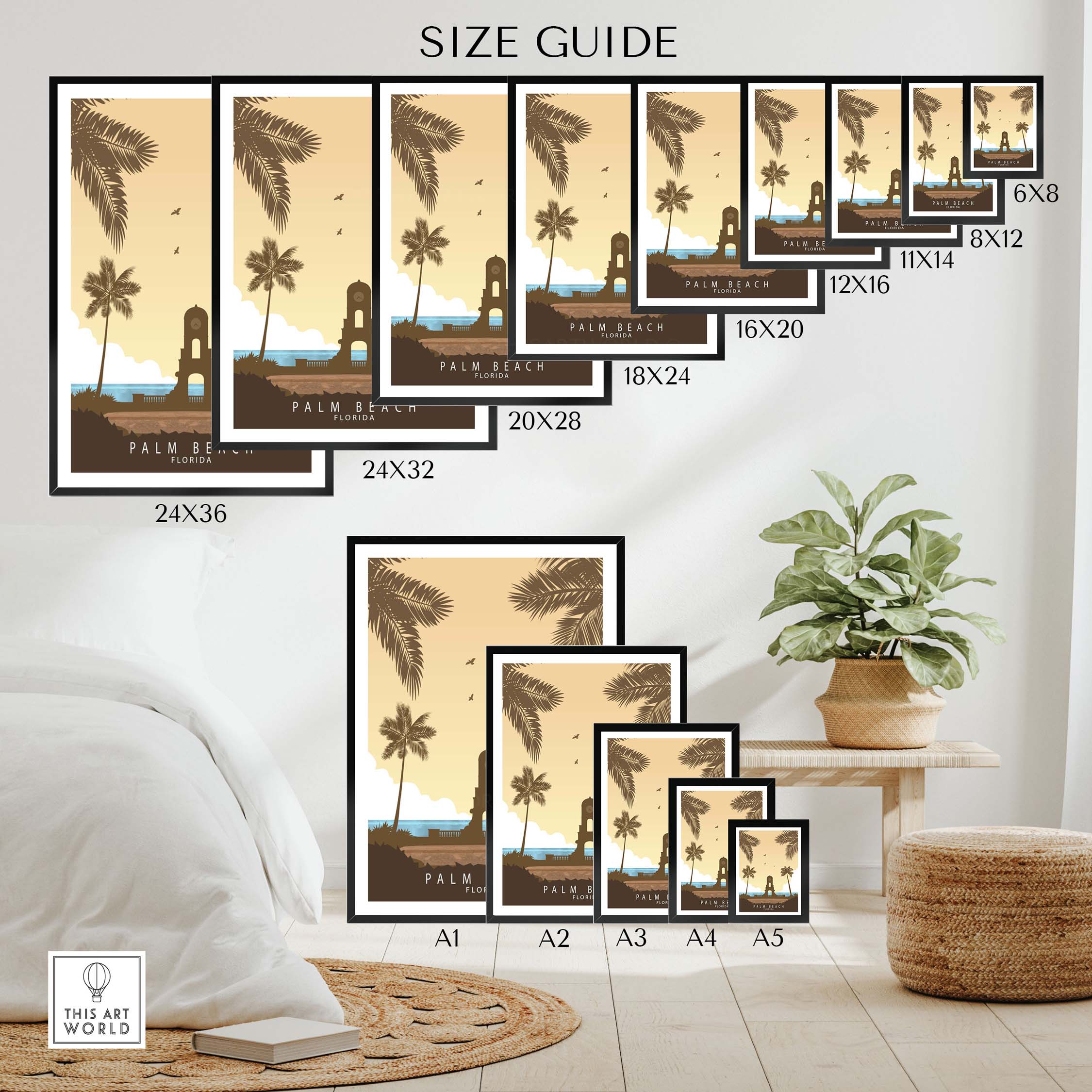 Size guide for Palm Beach Florida Print showcasing various dimensions for framed or unframed options.