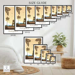 Size guide for Palm Beach Wall Art prints in various dimensions for home decor.