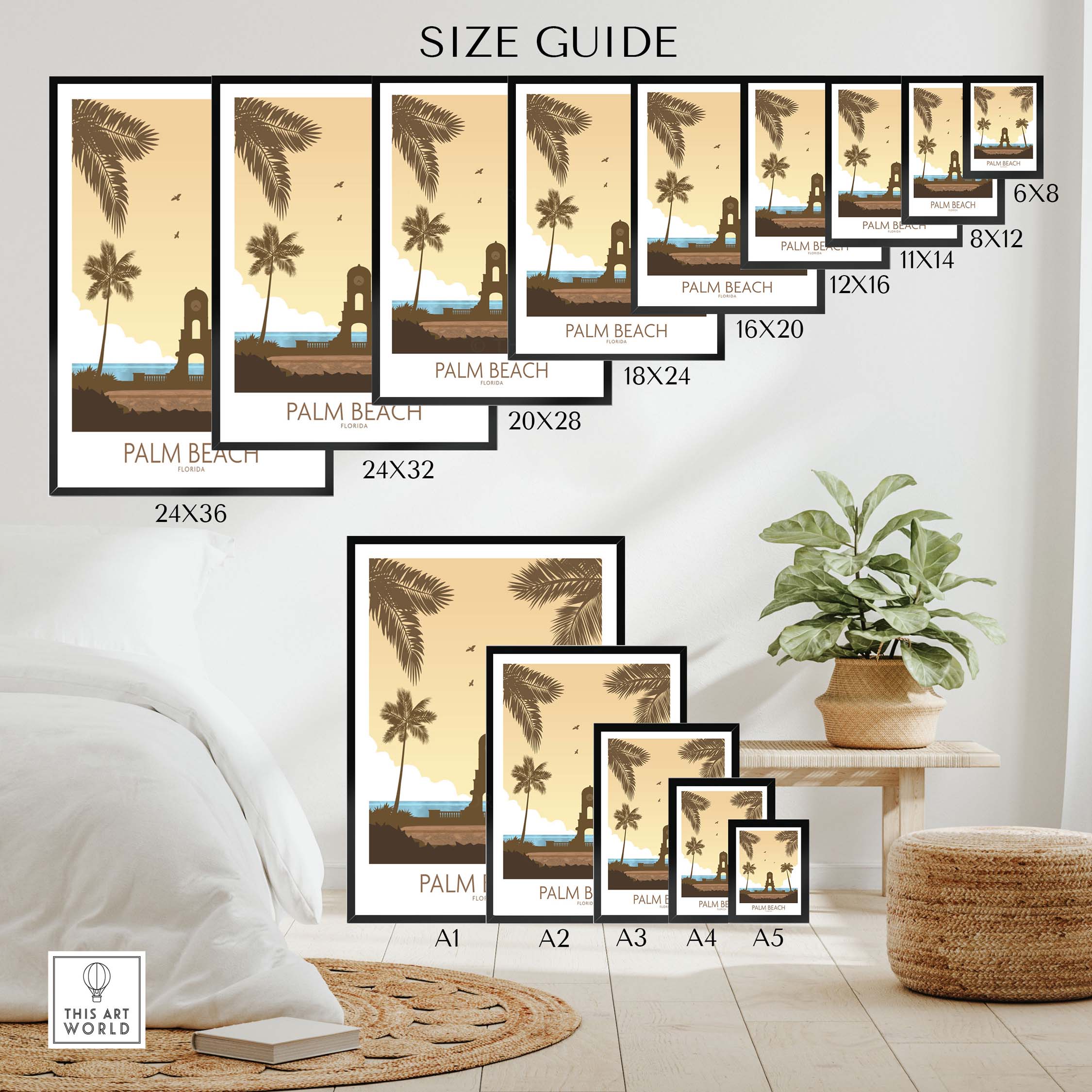 Size guide for Palm Beach Wall Art prints in various dimensions for home decor.