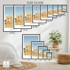 Size guide for Palma Mallorca wall art prints showcasing various frame sizes in a stylish interior setting.