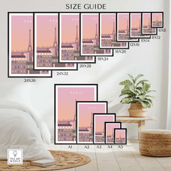 Size guide for Paris Print Wall Art Poster with various frame sizes displayed in a stylish home setting.