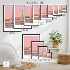 Size guide for Paris Print Travel Poster showcasing various frame options and wall decor styles.