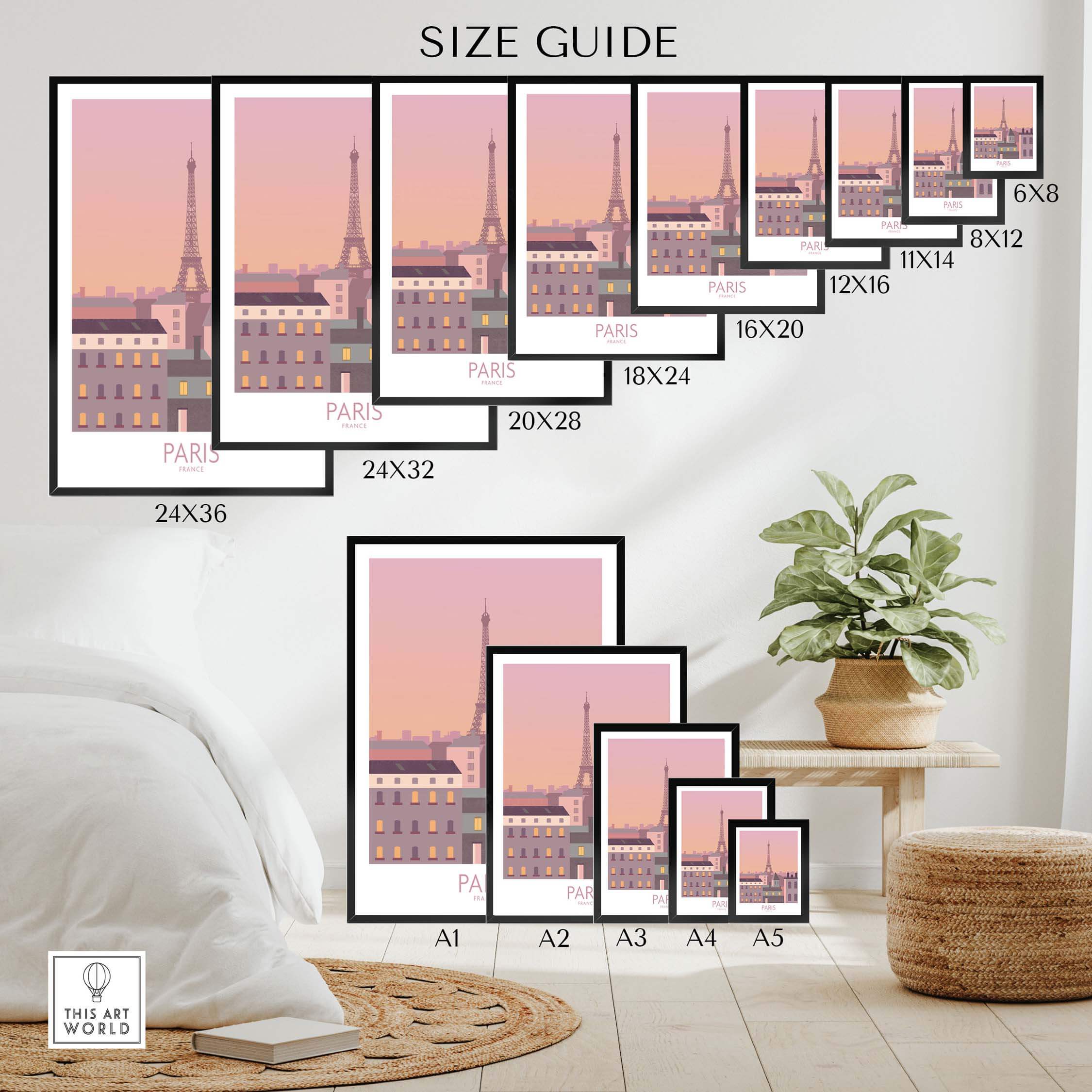 Size guide for Paris Print Travel Poster showcasing various frame options and wall decor styles.