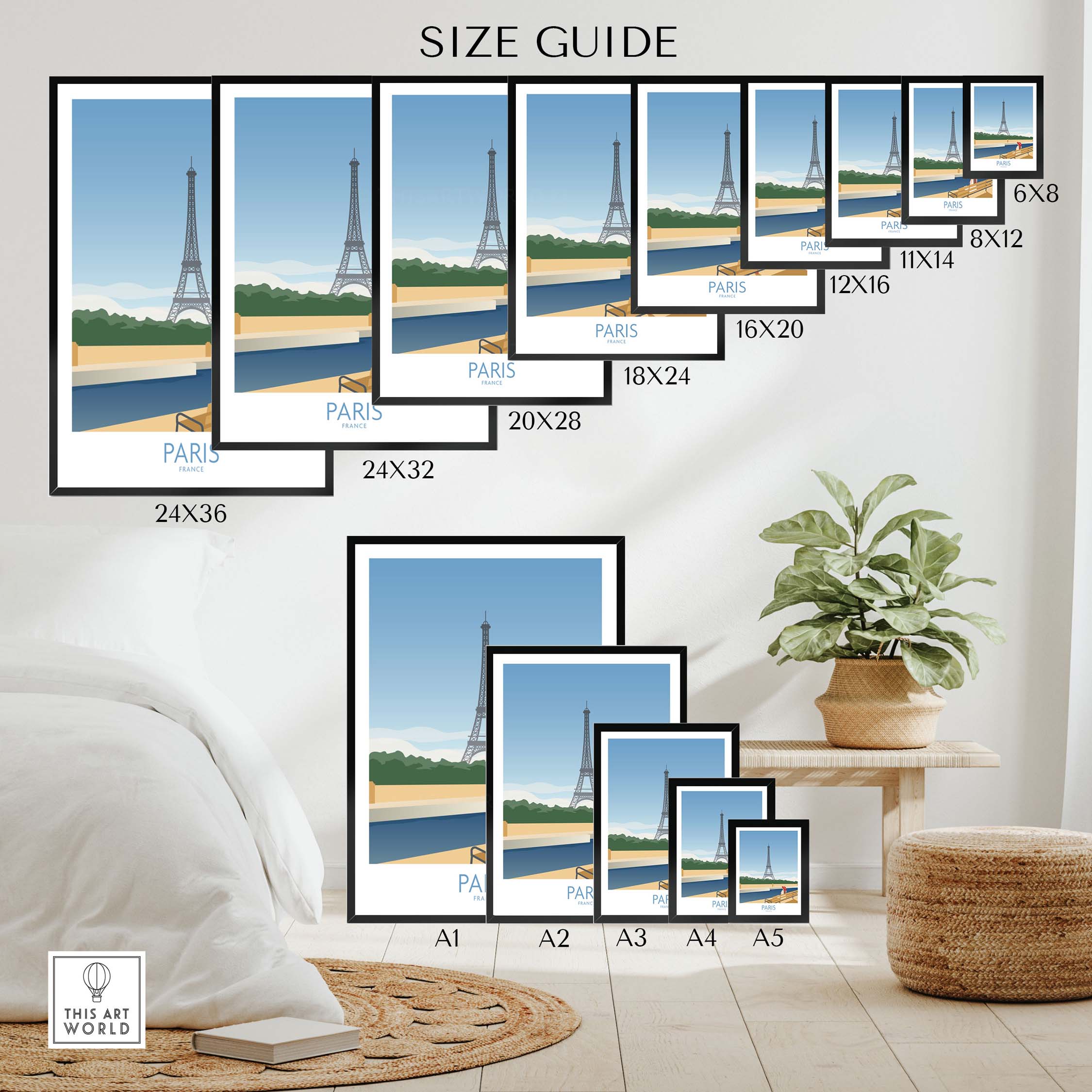 Paris Wall Art Poster Print size guide showing various dimensions and framed options for home decor.