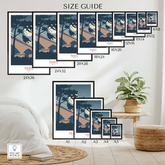 Size guide for Paris France travel poster prints displayed in various frame sizes on a stylish room setting.