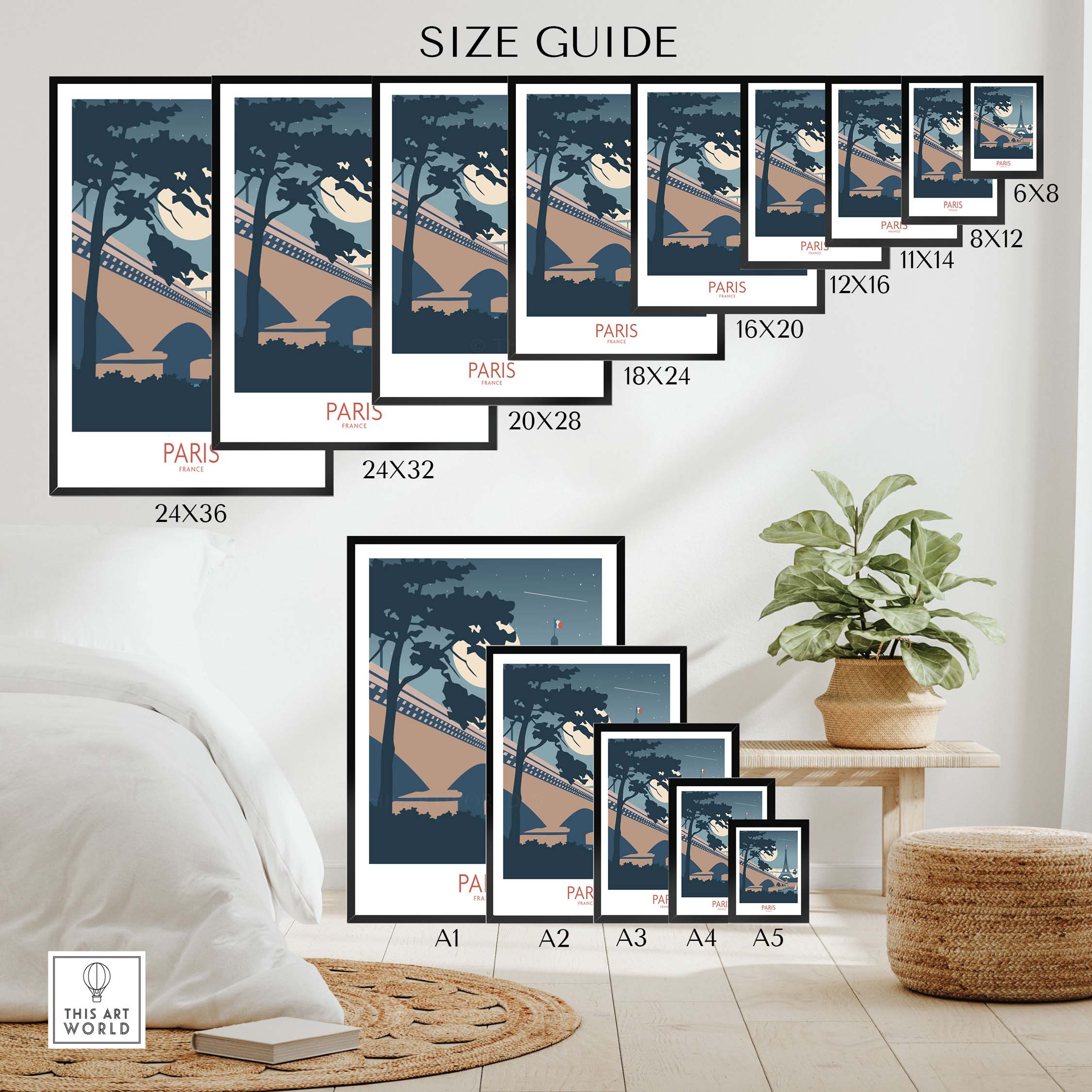 Size guide for Paris France travel poster prints displayed in various frame sizes on a stylish room setting.