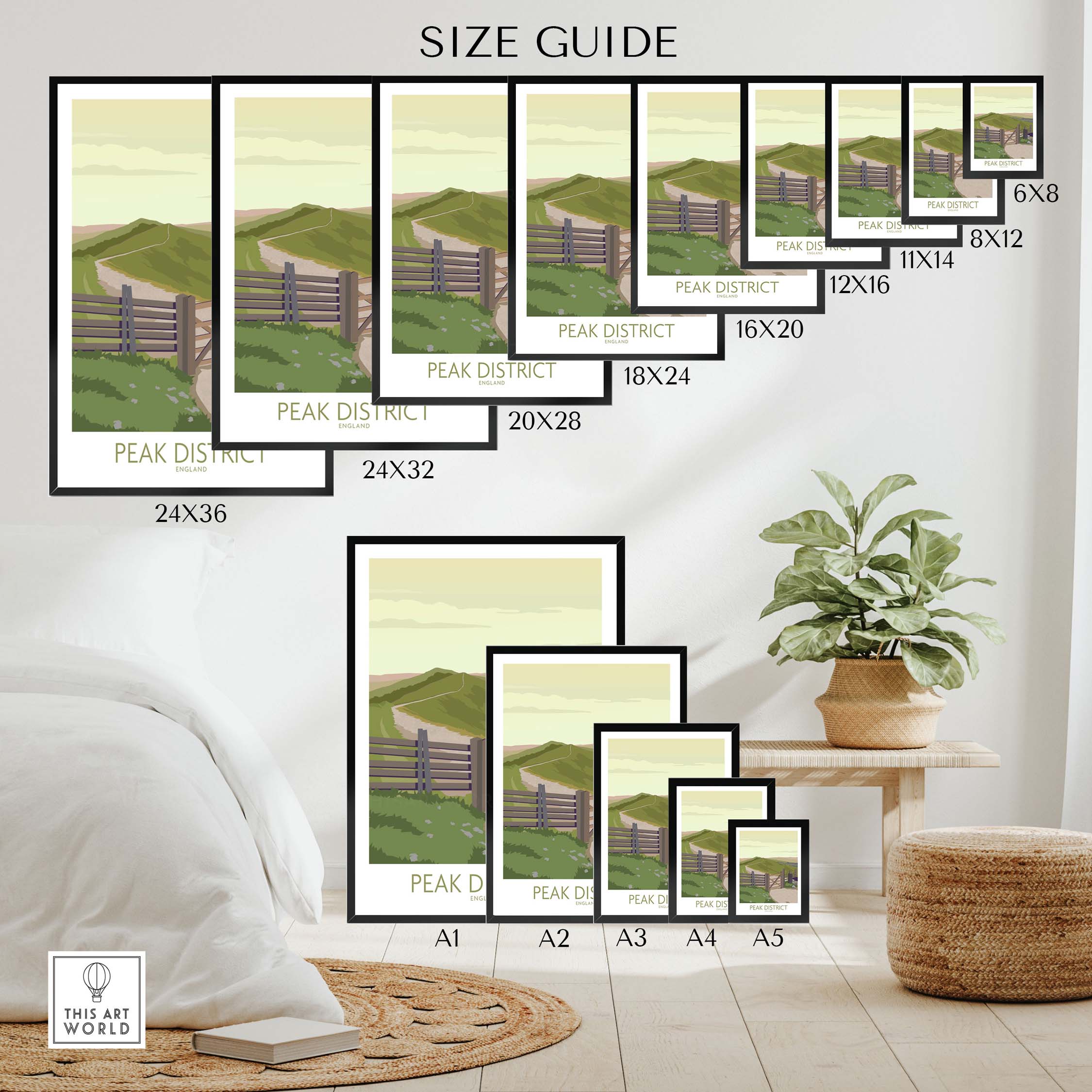 Size guide for Peak District Art Print showcasing various frame sizes and design.