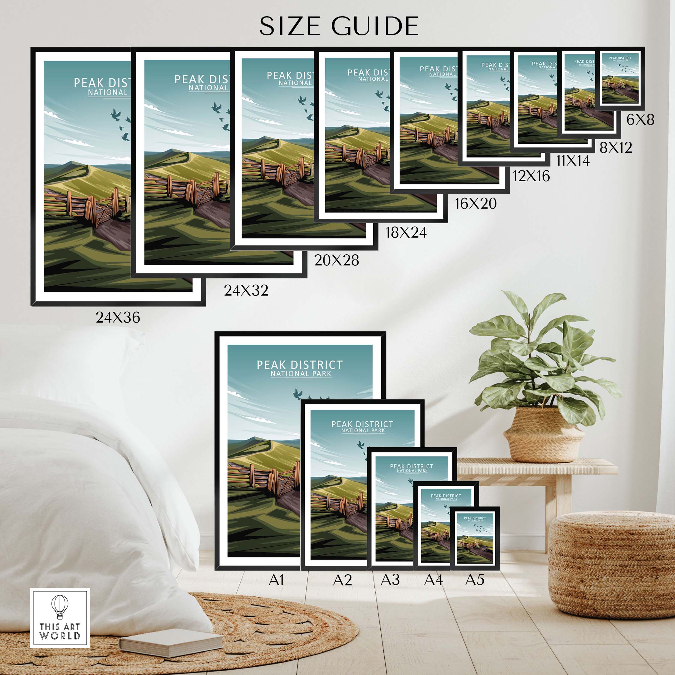 Size guide for Peak District poster prints in various dimensions and styles for home decor.