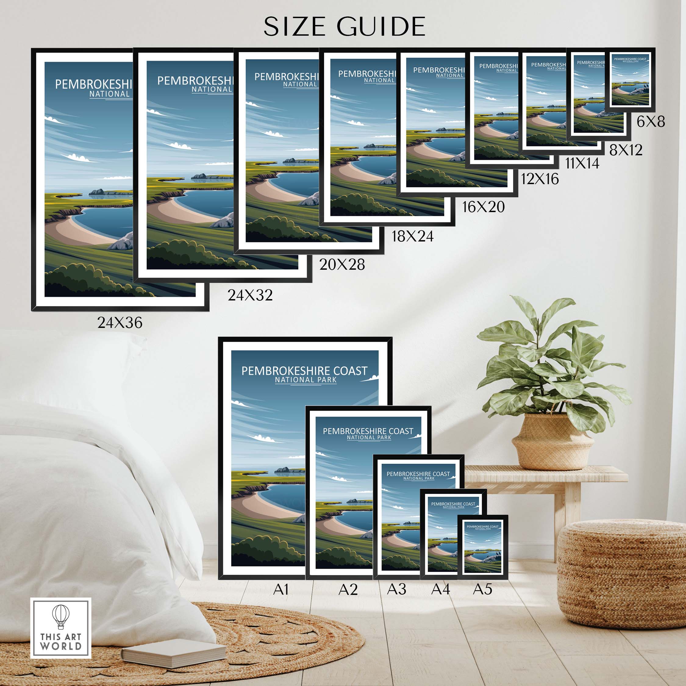 Size guide for Pembrokeshire Coast Poster prints in various dimensions and framing options.