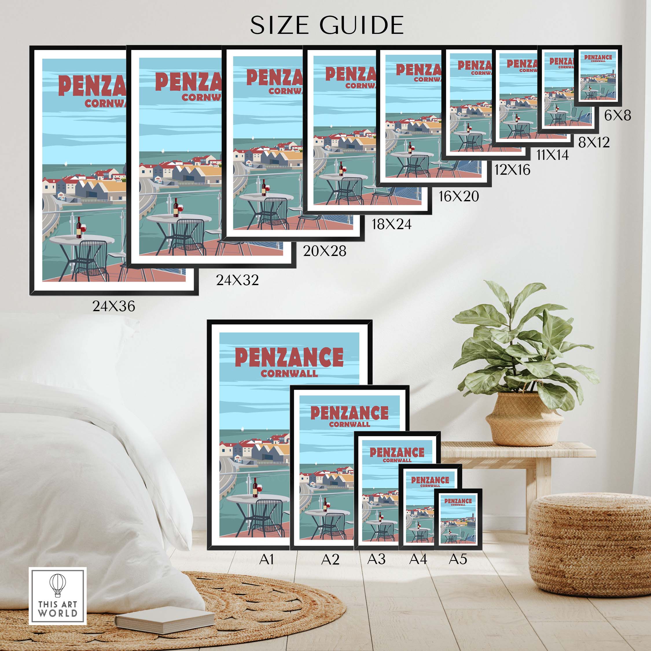 Penzance Cornwall Poster Print size guide showcasing various frame sizes and minimalist design for home decor.