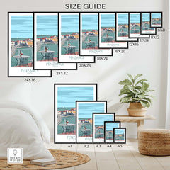 Size guide for Penzance Poster Cornwall Print featuring various frame sizes and minimalist design.