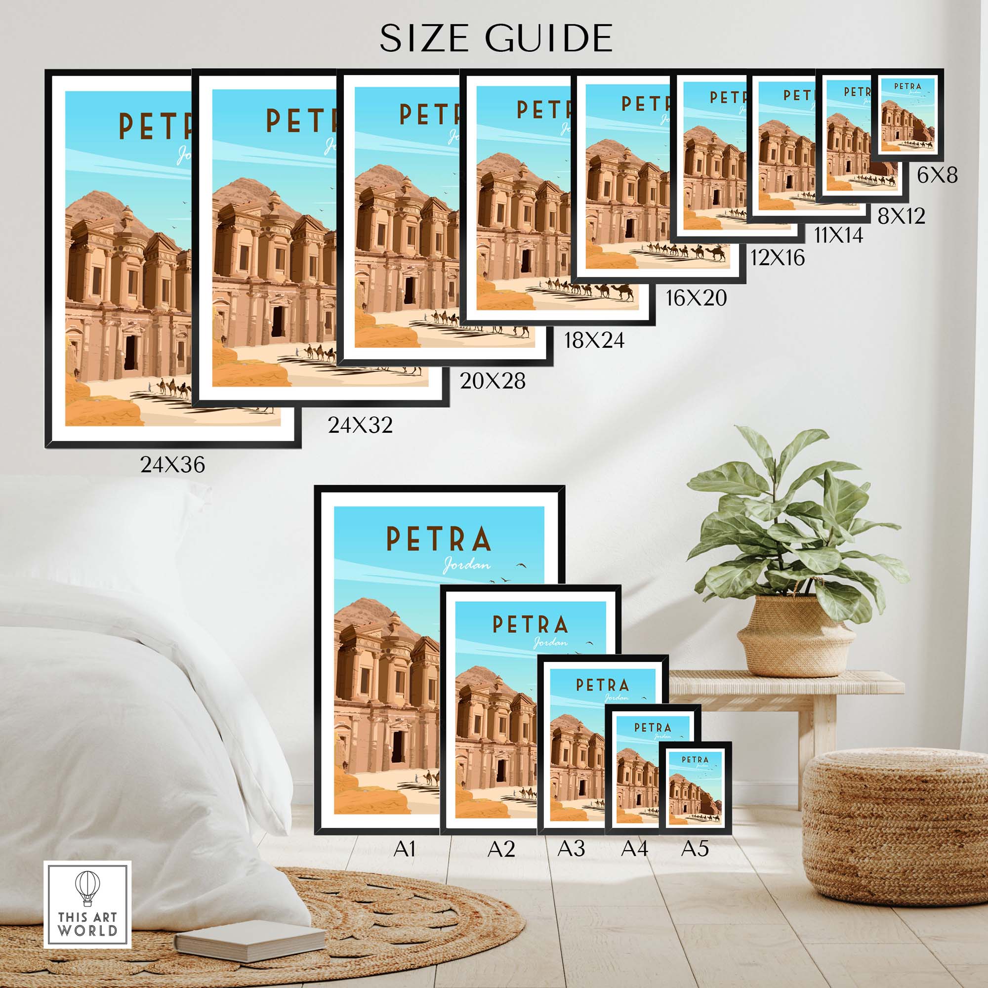 Petra Travel Poster Print size guide showcasing various frame sizes for home decor.