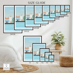 Size guide for Poole Print Poster Dorset Wall Art showcasing various frame sizes and layout options.