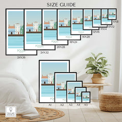 Size guide for Poole Dorset Travel Poster Print showcasing available frame sizes and styles.
