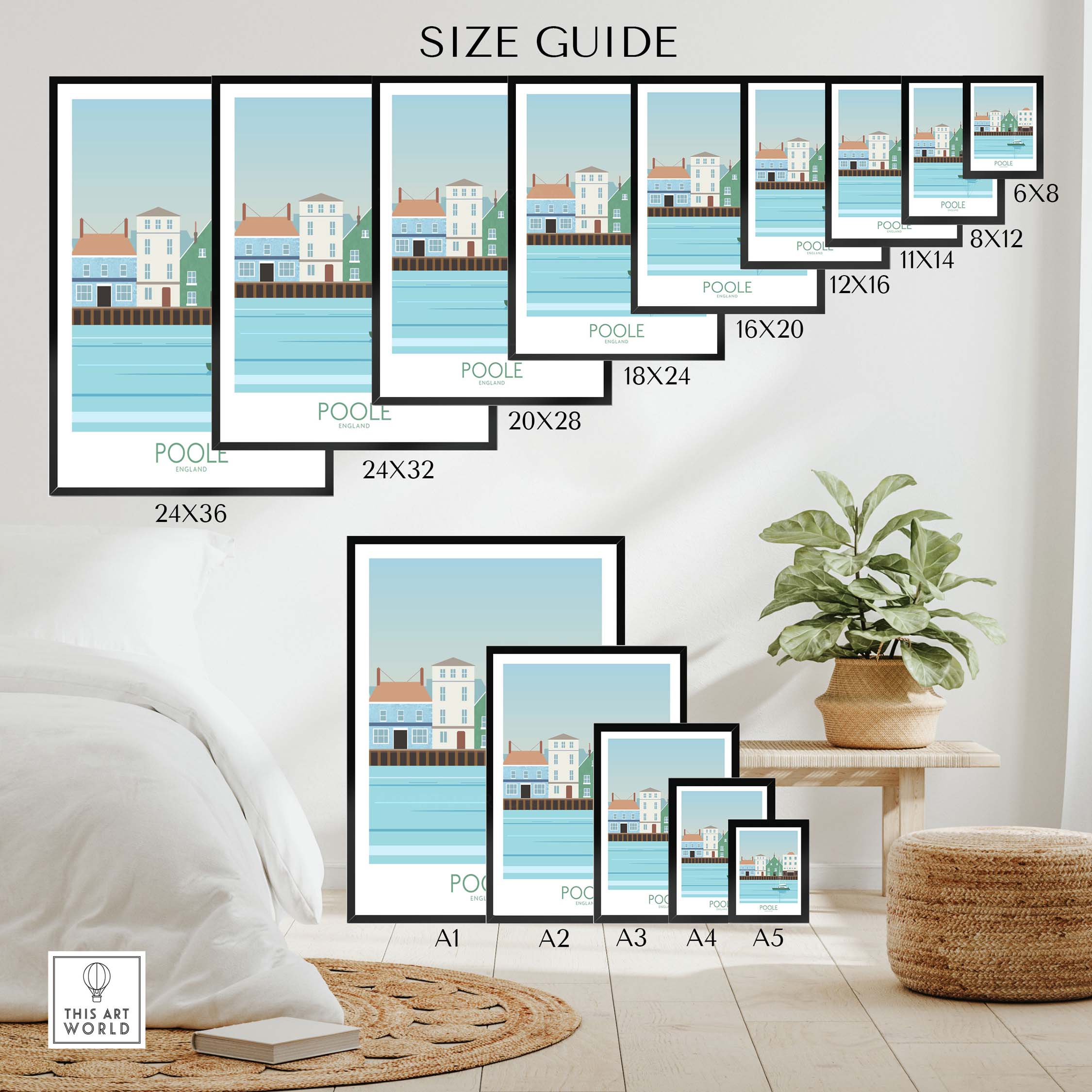 Size guide for Poole Dorset Travel Poster Print showcasing available frame sizes and styles.